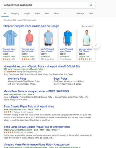 Google reviews in search results page for "Vineyard vines classic polo" with PowerReviews Seller Ratings