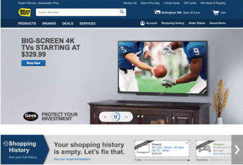 Screenshot of Best Buy homepage with deal on a big-screen TV. Underneath there is a banner calling out a first-time shopper, asking them to shop around on their site.
