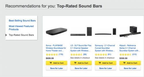 Screenshot of the recommendation page on an electronics website showing top-rated Sound Bars for sale.