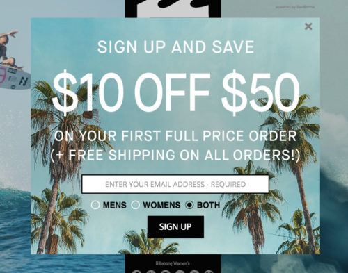 An email popup from Billabong asking shoppers to sign up and save $10 off $50. With surfers riding waves in the background and palm trees in the foreground.