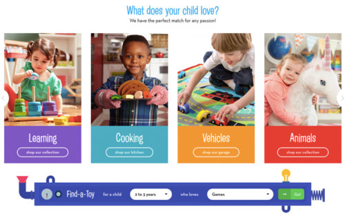 Screenshot of Melissa and Doug homepage, asking shoppers to choose what their child loves-- either learning, cooling, vehicles or animals.