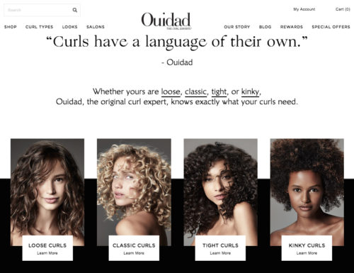 Screenshot of Ouidad's homepage showing four women with different types of curls. Loose curls, classic curls, tight curls and kinky curls. It asks the shoppers to choose their level of curl to learn more.