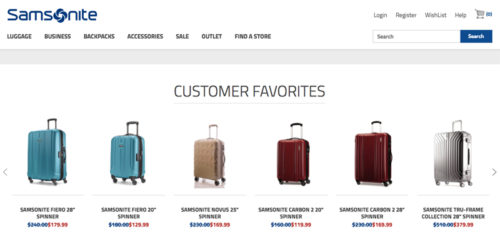 Screenshot from Samsonite website with six different suitcases that are customer favorites. Two blue suitcases, one tan, two maroon and one silver suitcase.