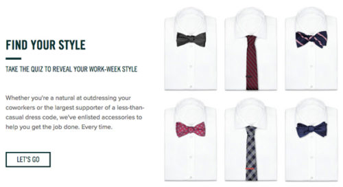 Screenshot from TieBar of six shirts with different ties and bowties, telling shoppers to "Find Your Style" and take a quiz.