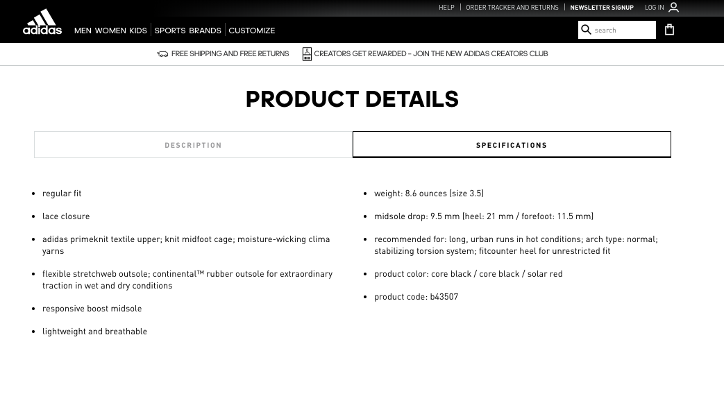adidas product details for ultraboost shoes