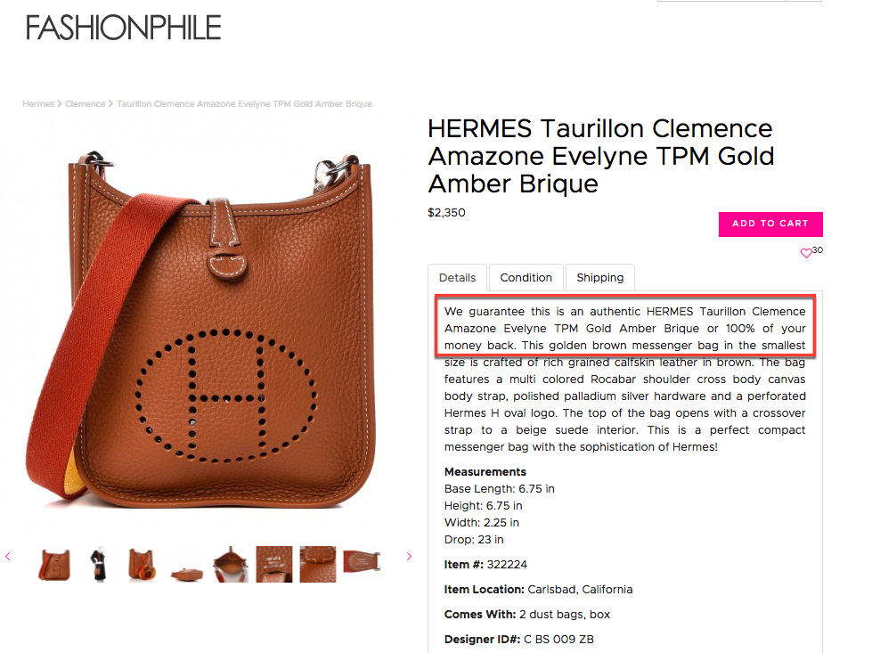 fashionphile promise in product description