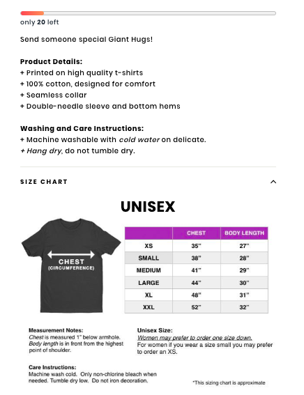 size and fit example on a product page