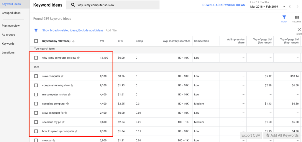 google keyword planner search example