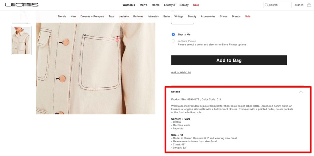 urban outfitters product details example