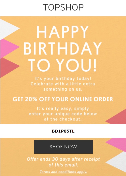 TopShop Happy Birthday Message