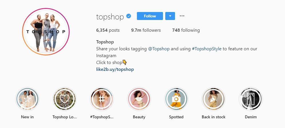 Topshop instagram bio