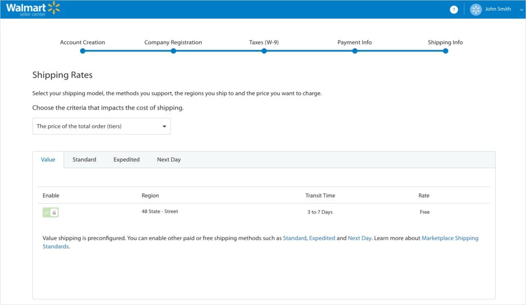 walmart marketplace account shipping info