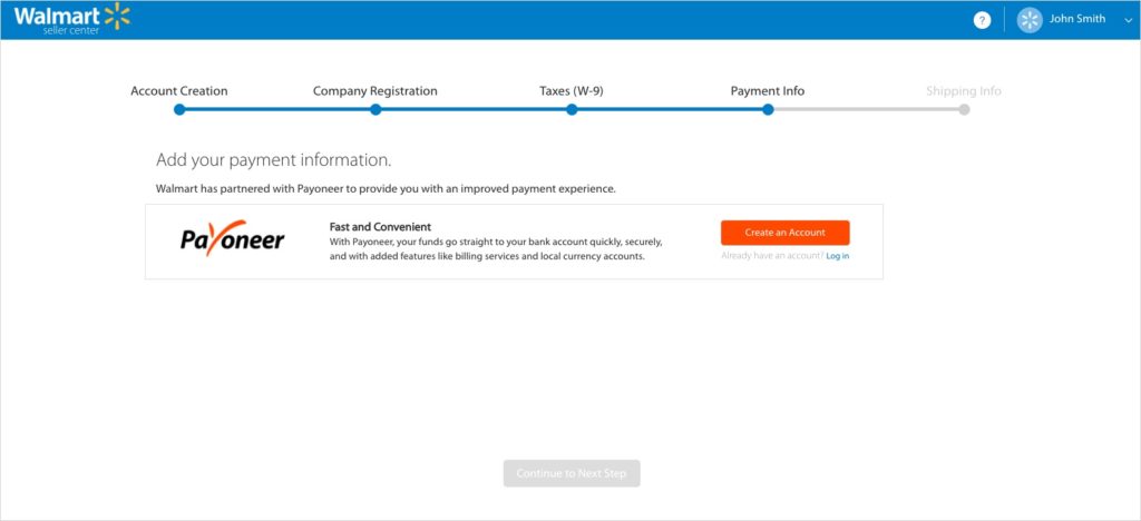 walmart marketplace payoneer payment info