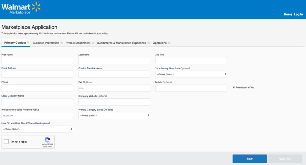 walmart marketplace primary contact application