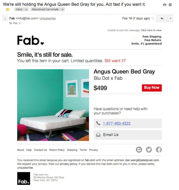 Fab abandoned cart email