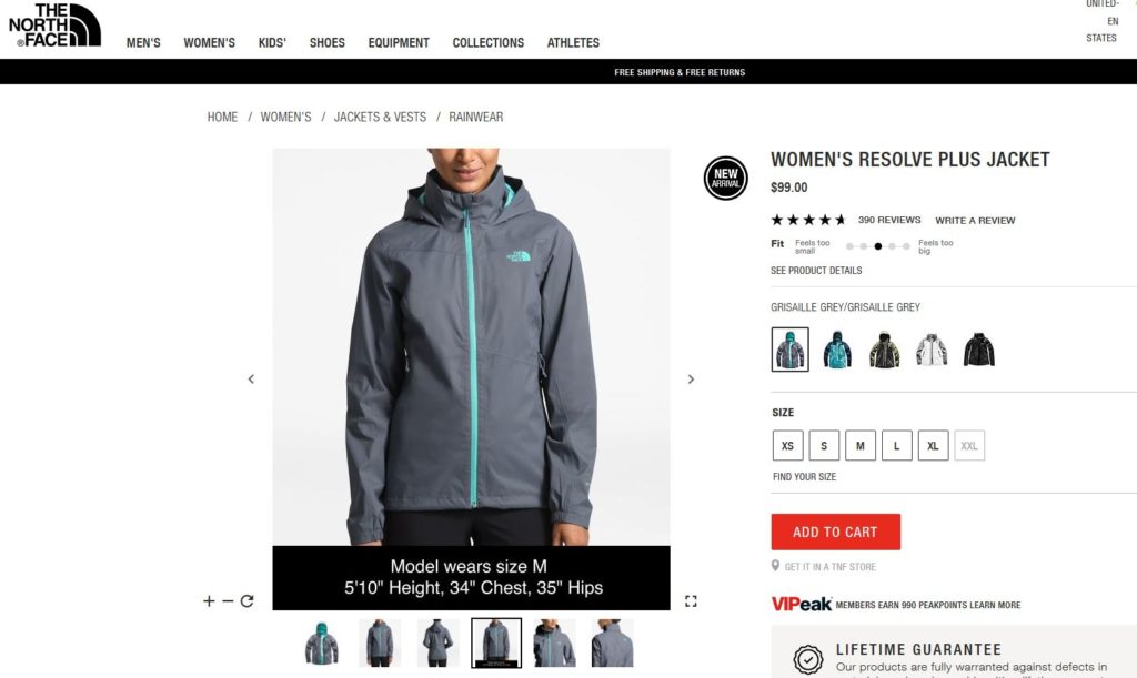 the northface true fit product page