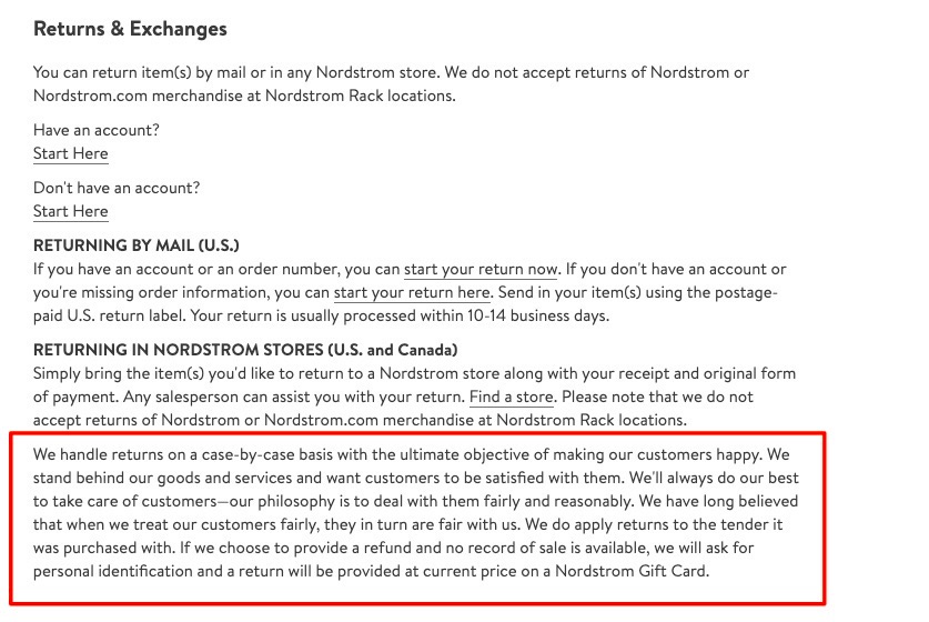 Nordstrom return language example