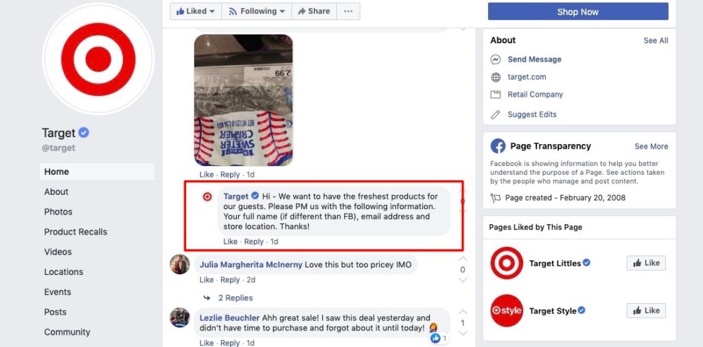 Target Facebook Customer Care