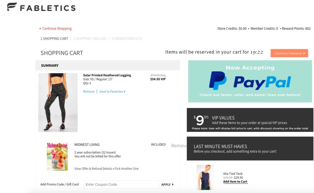 fabletics shopping cart example