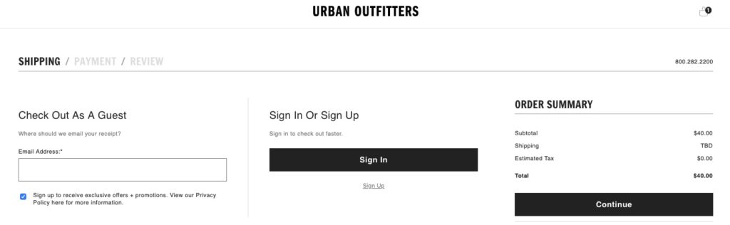 urban outfitters guest checkout example