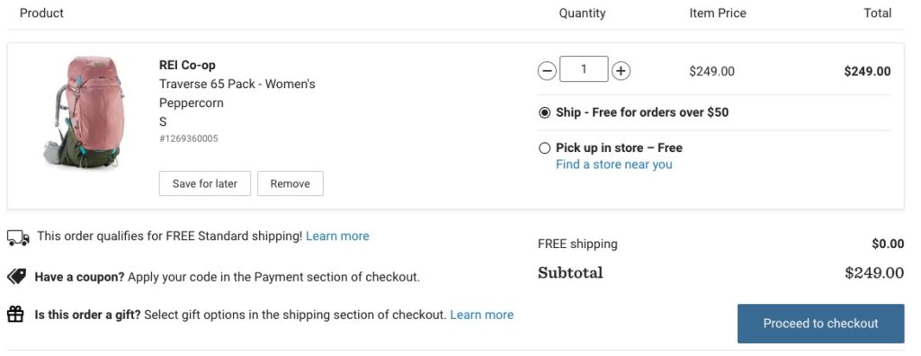 REI co-op backpack checkout example