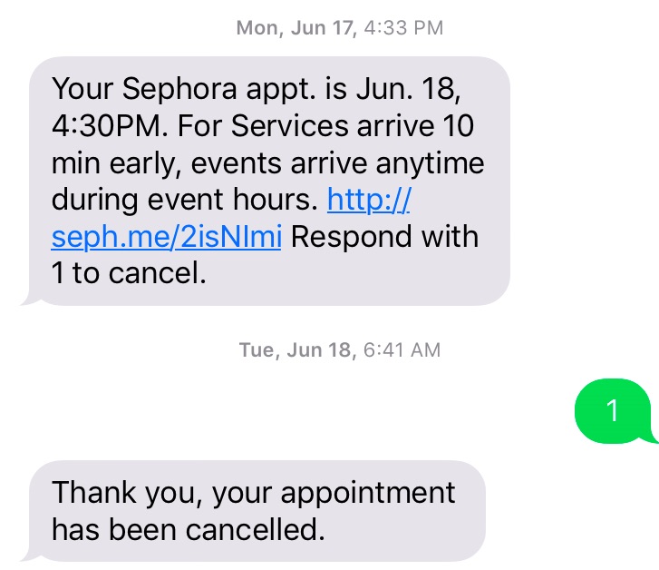 Sephora SMS Appointment Example