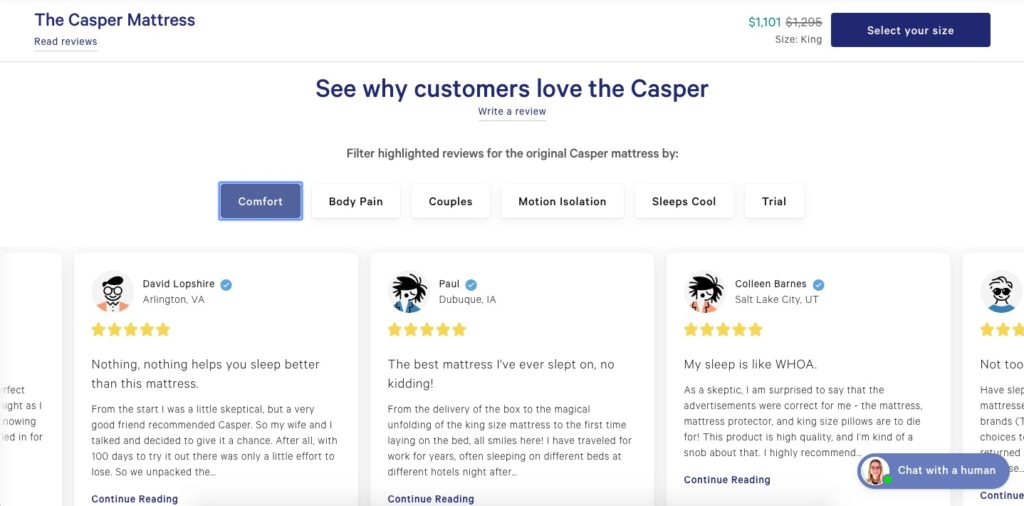 customer ratings on casper mattress website