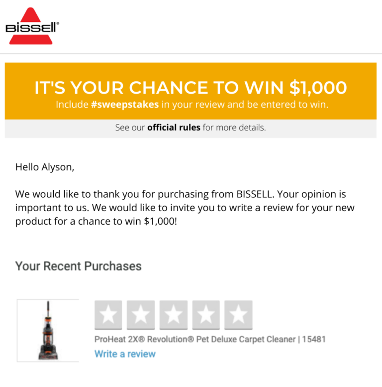 bissell sweepstakes post purchase email