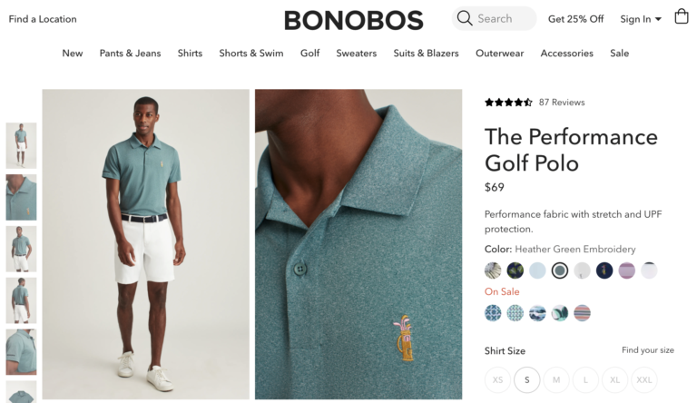 Bonobos includes golf as a use case in the h1 text for this polo shirt
