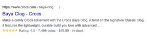 Crocs uses Google review schema to display star ratings in search results