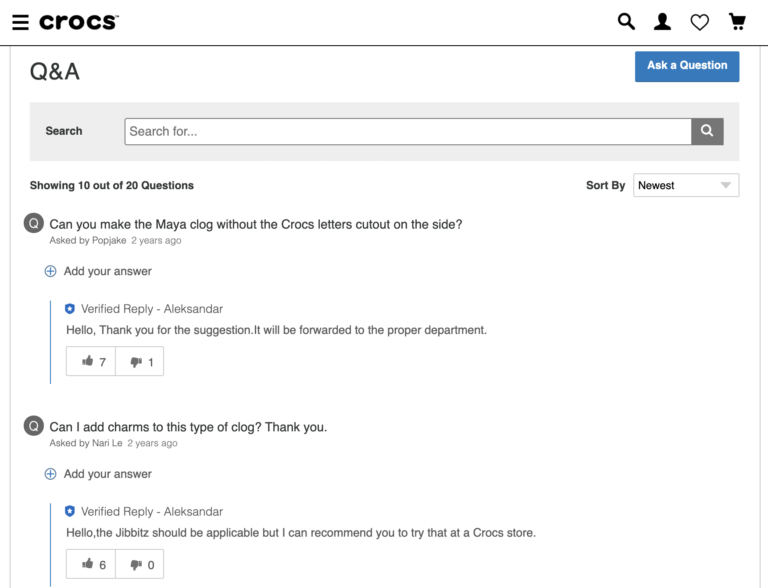 Crocs product pages feature searchable Q&A sections for customers needing additional info
