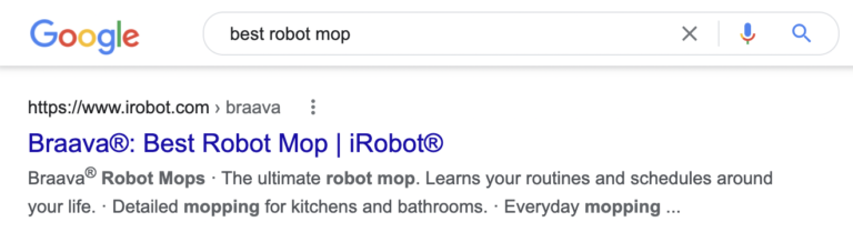 google search for best robot mops shows irobot product based on title tags