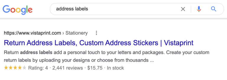 Google search where the meta description for a Vistaprint listing includes address lables