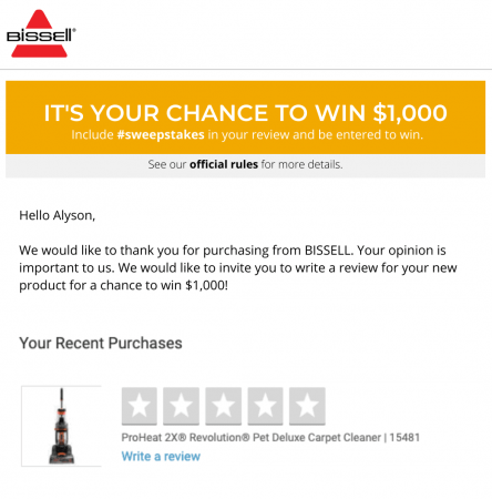 bissell-sweepstakes-post-purchase-email